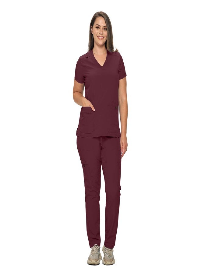 MONARCH UNIFORMS طقم ملابس طبية من مونارك يونيفورمز، متوفر بمقاسات عادية وصغيرة، مصنوع من قماش مطاطي للنساء، يتكون من بلوزة وبنطال طبيين - (لون عنابي) - مقاس كبير - Image 2